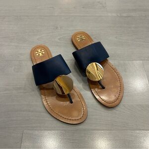 Tory Burch Navy and Tan Leather Thong Sandals with Gold Accent